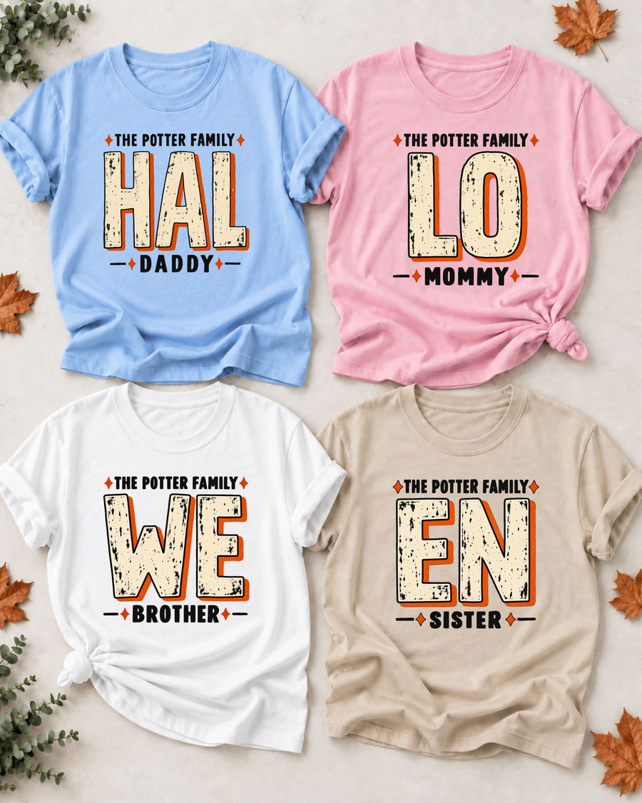 Family overview of Dad, Mom, Brother, and Sister wearing personalized atomic retro HALLOWEEN shirts: Dad in Light Blue, Mom in Light Pink, Brother in White, and Sister in Sand; the wordmark is split across the four roles.