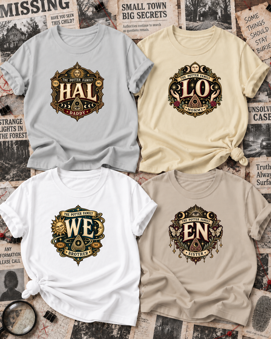 Family overview of Dad, Mom, Brother, and Sister wearing personalized spirit board HALLOWEEN shirts: Dad in Ash Grey, Mom in Off White, Brother in White, Sister in Sand; the wordmark is split across the four roles.