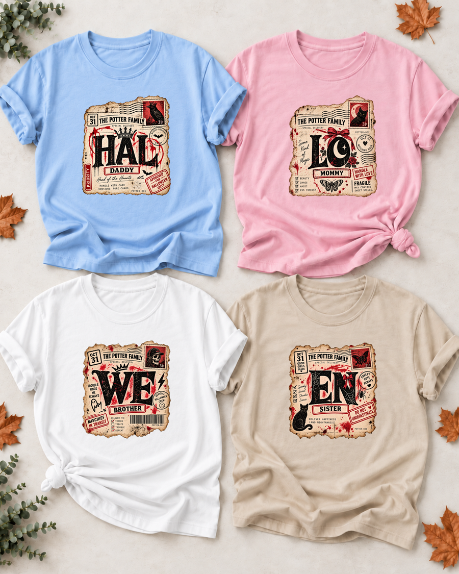 Family overview of Dad, Mom, Brother, and Sister wearing personalized haunted postage HALLOWEEN shirts: Dad in Light Blue, Mom in Light Pink, Brother in White, Sister in Sand; the wordmark is split across the four roles.