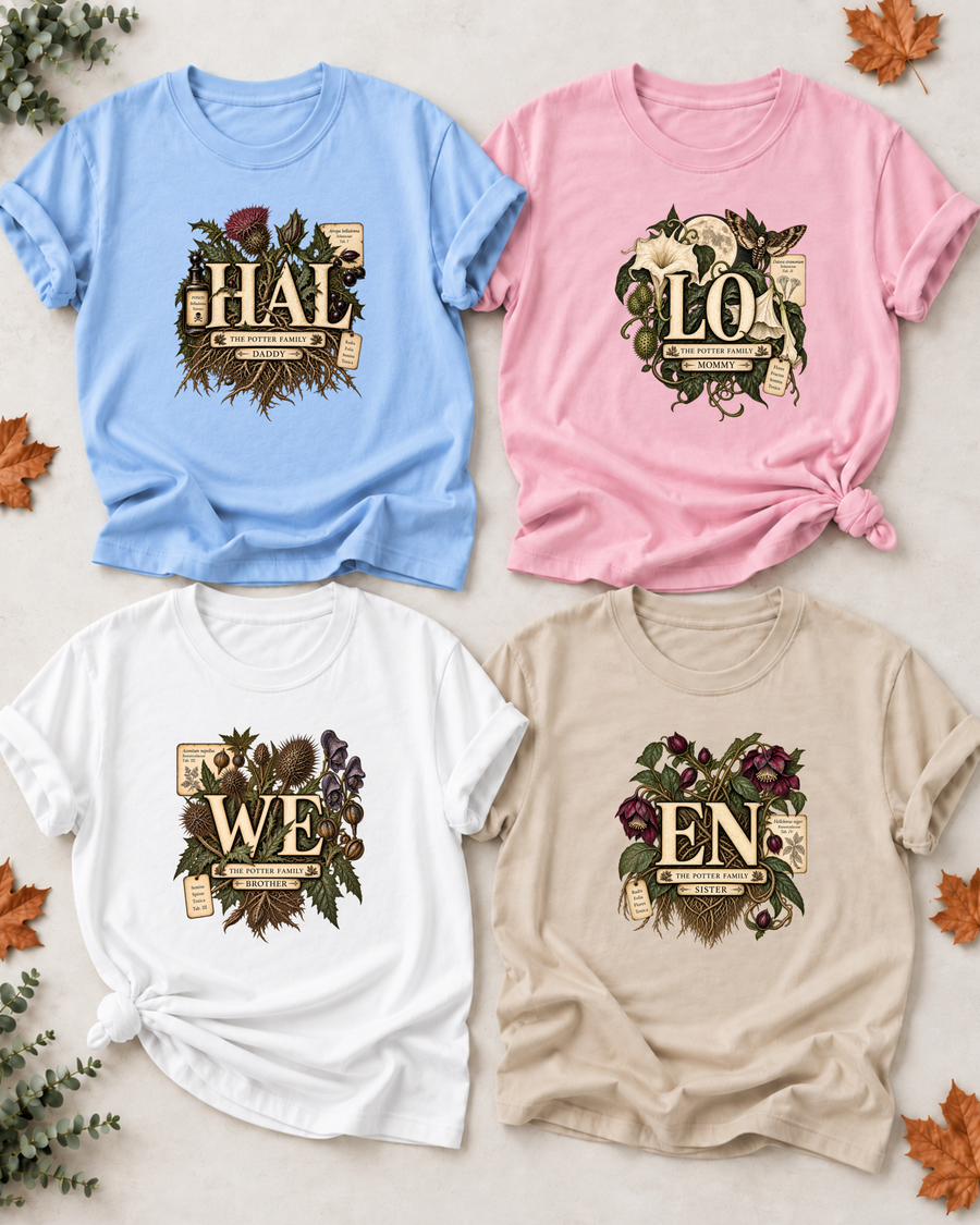 Family overview of Dad, Mom, Brother, and Sister wearing personalized poison garden HALLOWEEN shirts: Dad in Light Blue, Mom in Light Pink, Brother in White, Sister in Sand; the wordmark is split across the four roles.