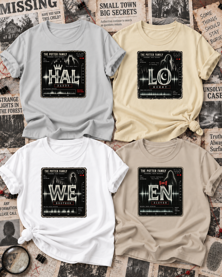 Family overview of Dad, Mom, Brother, and Sister wearing personalized paranormal audio HALLOWEEN shirts: Dad in Ash Grey, Mom in Off White, Brother in White, Sister in Sand; the wordmark is split across the four roles.