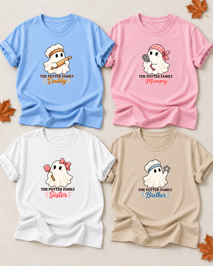 Family overview of four personalized Halloween ghost shirts: Dad in Light Blue, Mom in Light Pink, Brother in Sand, and Sister in White; each has a role-specific design with baking ghost characters with chef hats, whisk, rolling pin, cookie cutter, and spatula.