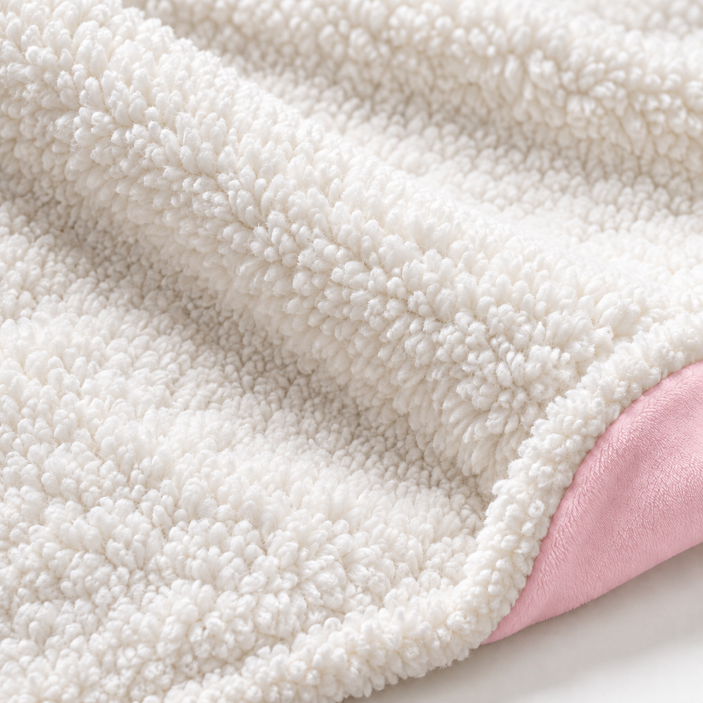 Close-up of the white Sherpa-texture lining beside a folded pink edge of the hooded blanket.
