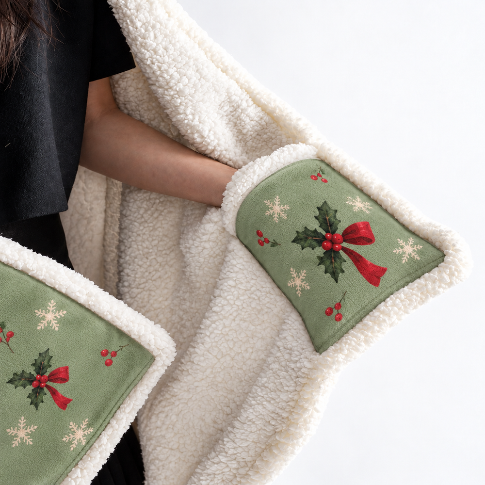 Close-up of a hand inside a sage-green corner pocket with printed holly, a red bow, berries, and cream snowflakes, beside white Sherpa lining.