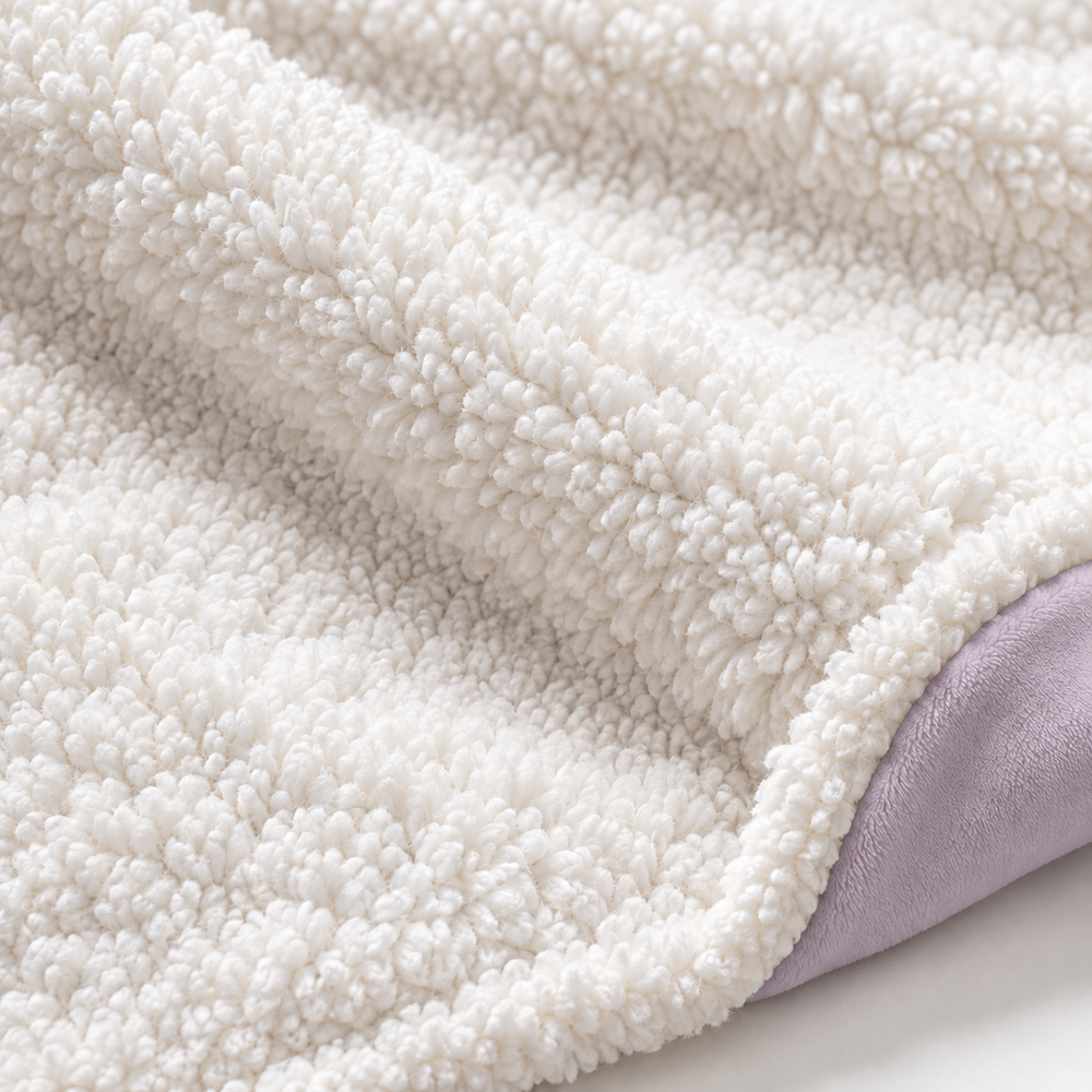 Close-up of white Sherpa-texture lining beside the folded lavender exterior and white binding of the hooded blanket.