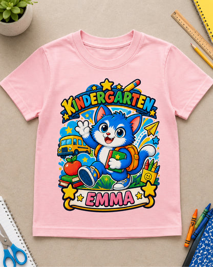 Light pink personalized kindergarten cat youth shirt flat lay with the example name Emma.