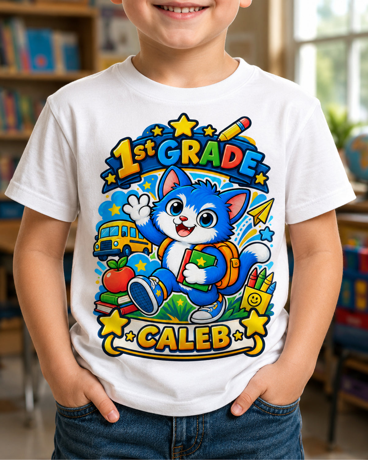Child wearing a white personalized first grade cat shirt with the example name Caleb in a classroom.