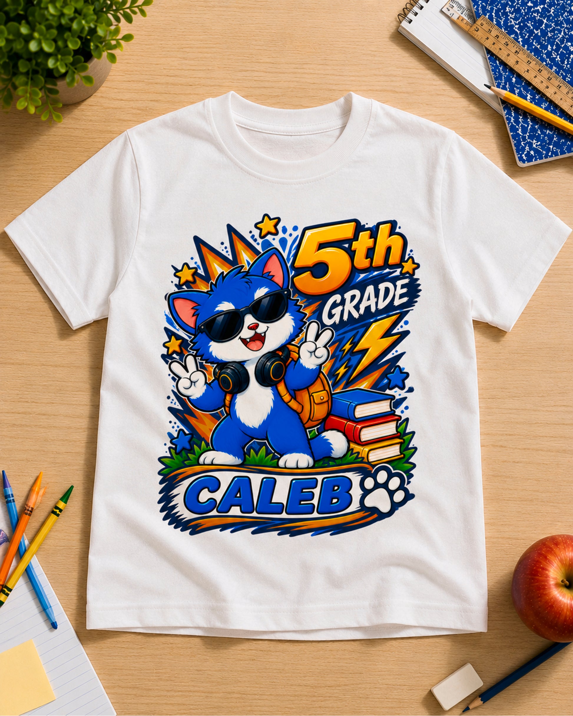 White personalized fifth grade cool cat youth shirt flat lay with the sample name Caleb.
