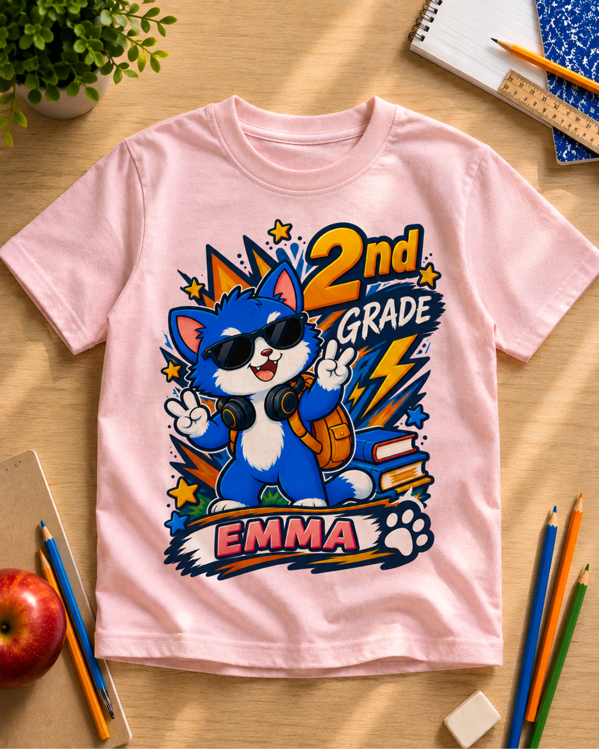 Light pink personalized second grade cool cat youth shirt flat lay with the sample name Emma.