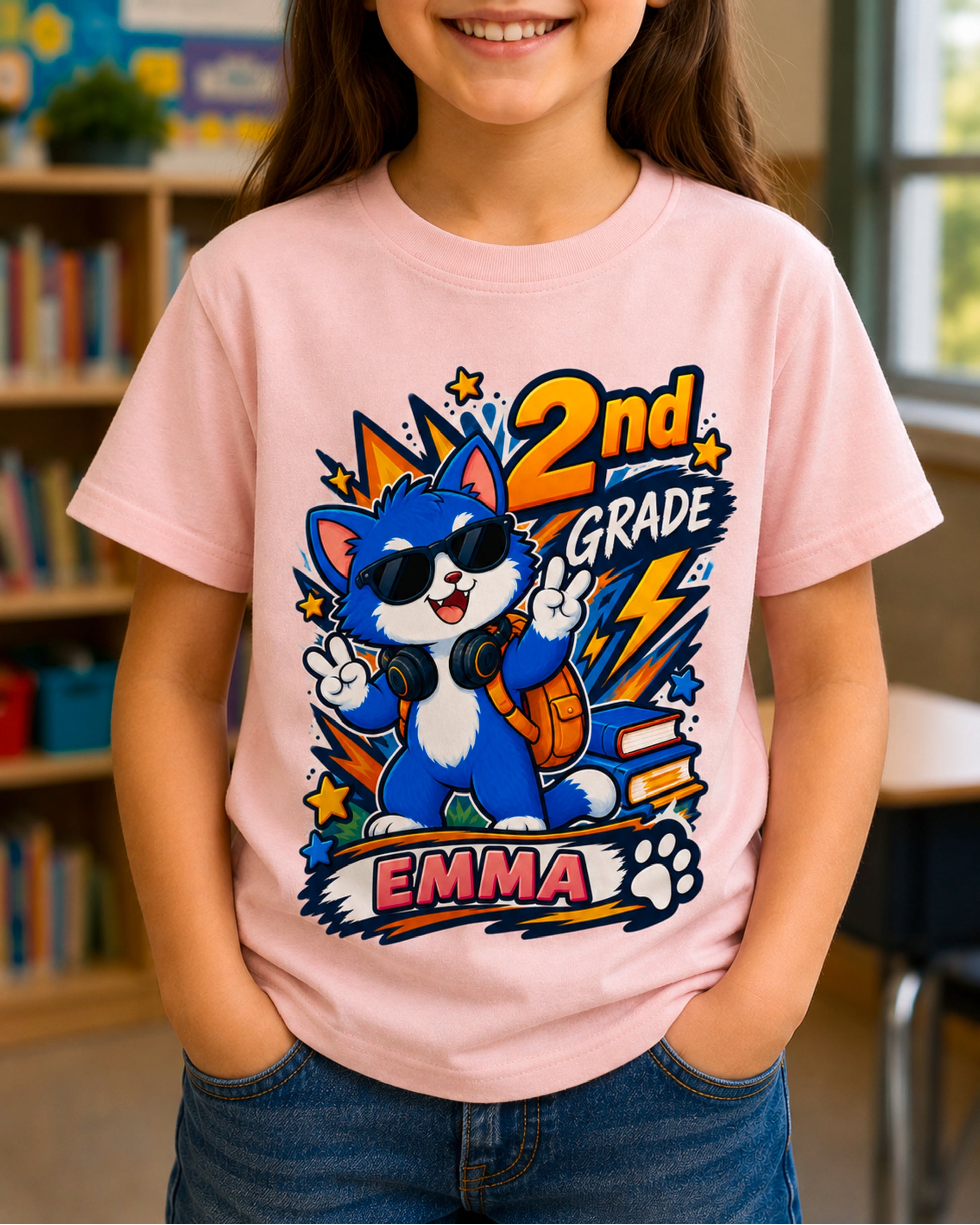 Child wearing a light pink personalized second grade cool cat shirt with the sample name Emma in a classroom.