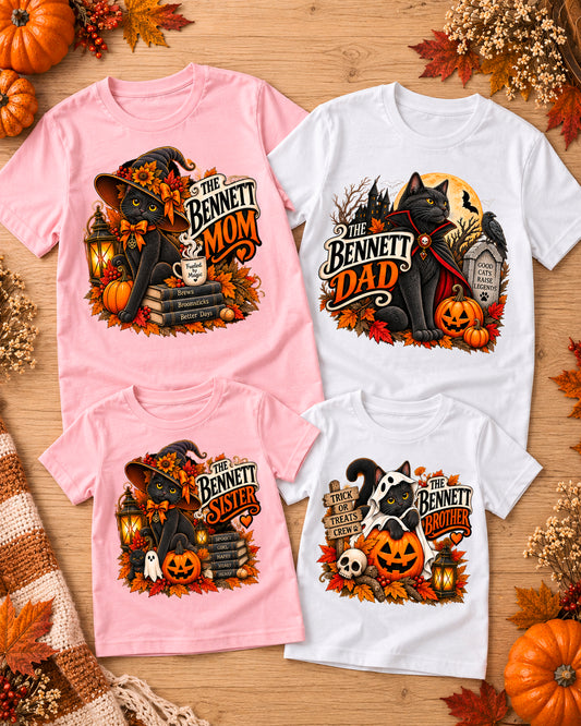 Personalized spooky black cat Halloween family shirts for Mom, Dad, Sister, and Brother – Bennett