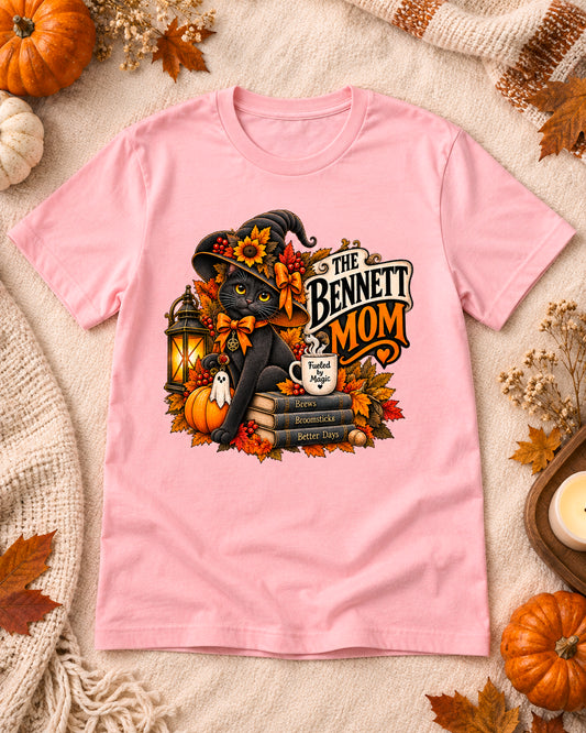 Personalized spooky black cat Halloween Mom shirt in light pink – Bennett