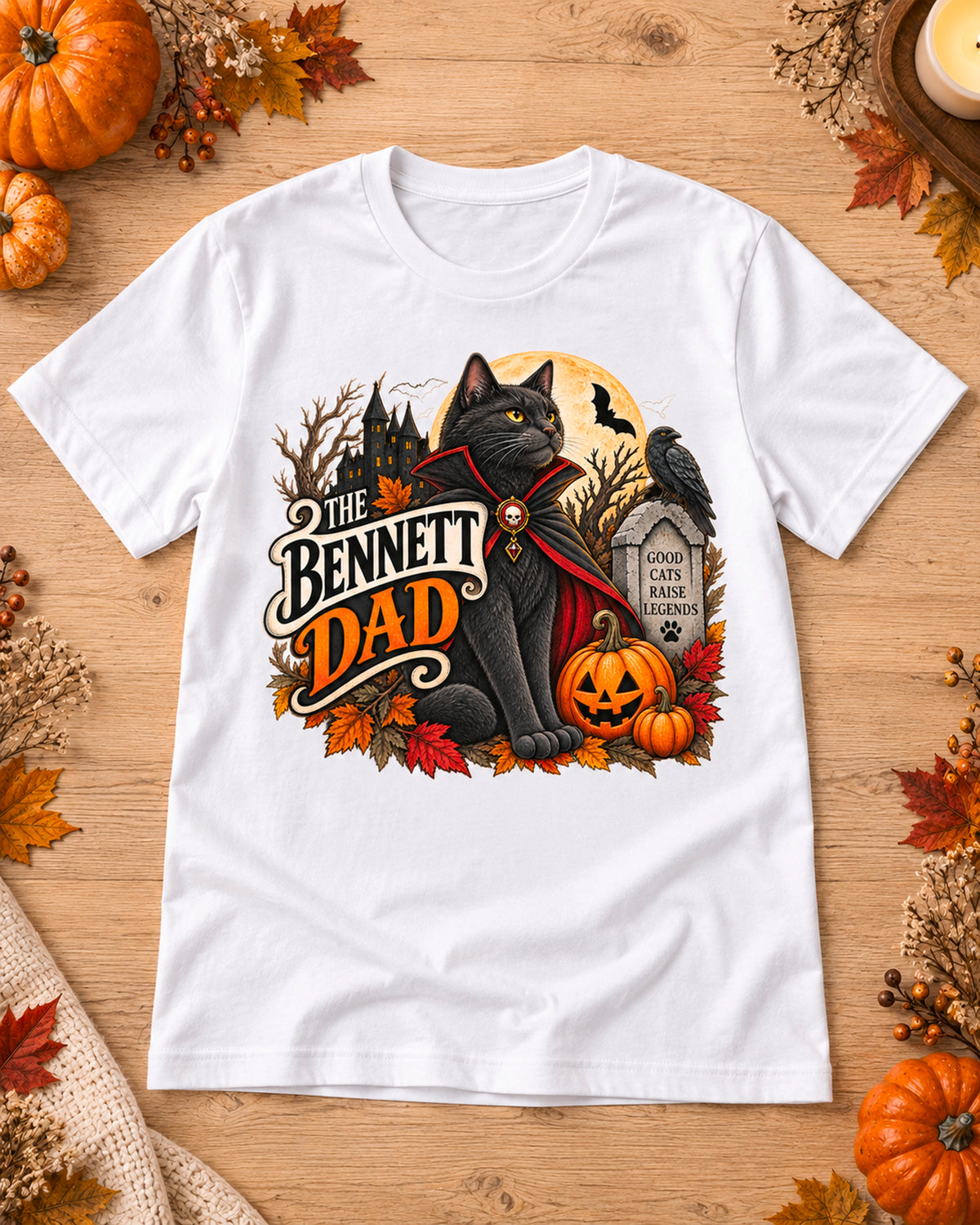 Personalized spooky black cat Halloween Dad shirt in white – Bennett