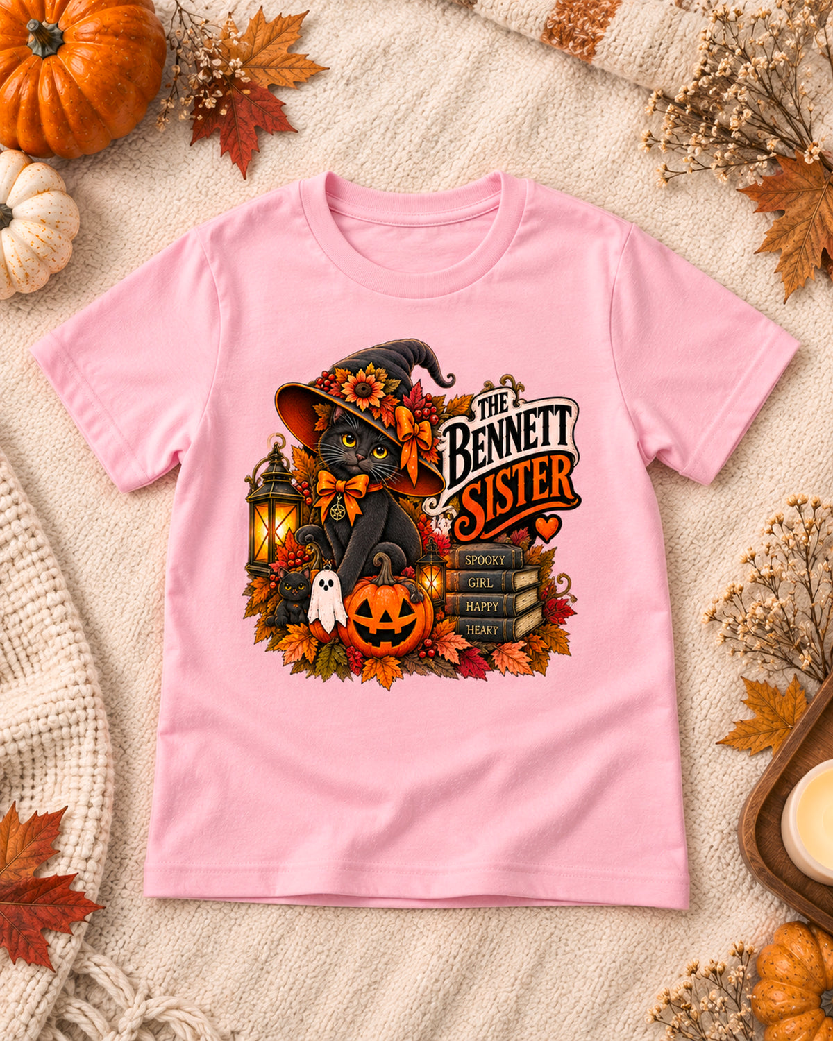 Personalized spooky black cat Halloween Sister shirt in light pink – Bennett