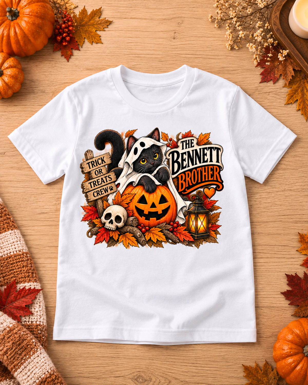 Personalized spooky black cat Halloween Brother shirt in white – Bennett