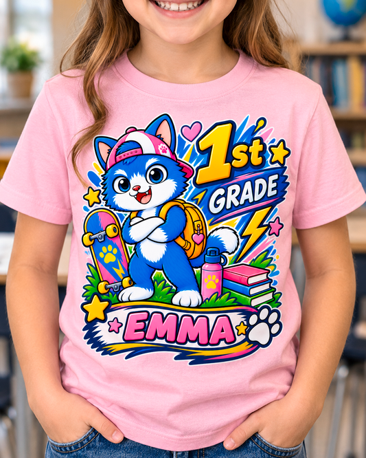 Child wearing a light pink personalized first grade skater cat shirt with the sample name Emma in a classroom.
