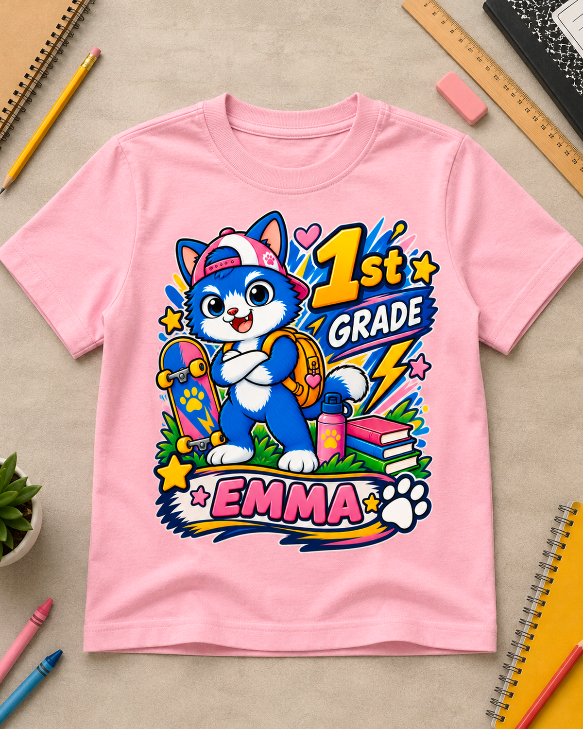 Light pink personalized first grade skater cat youth shirt flat lay with the sample name Emma.