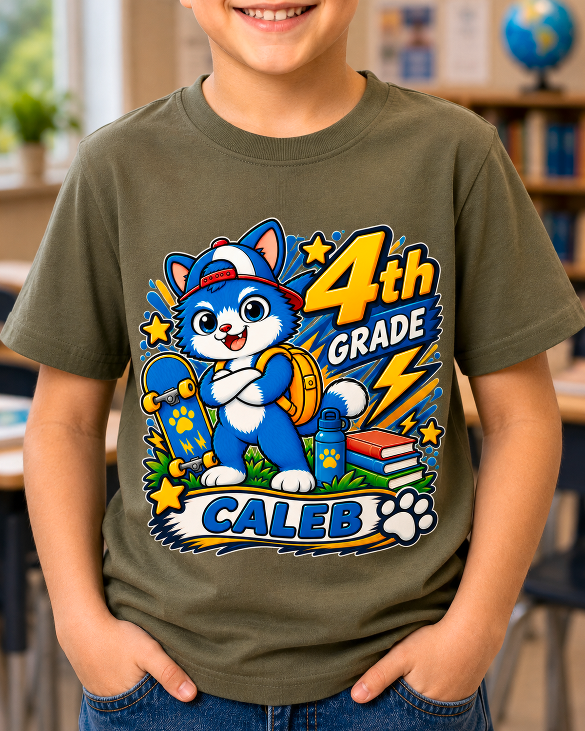 Child wearing a military green personalized fourth grade skater cat shirt with the sample name Caleb in a classroom.