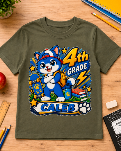 Military green personalized fourth grade skater cat youth shirt flat lay with the sample name Caleb.