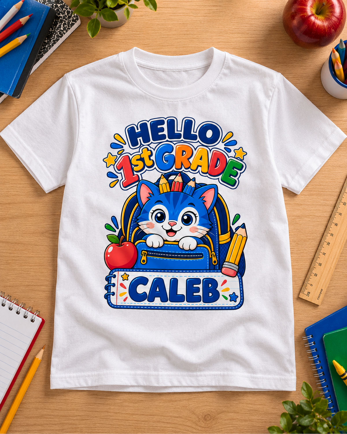 White personalized first grade backpack cat youth shirt flat lay with the sample name Caleb.