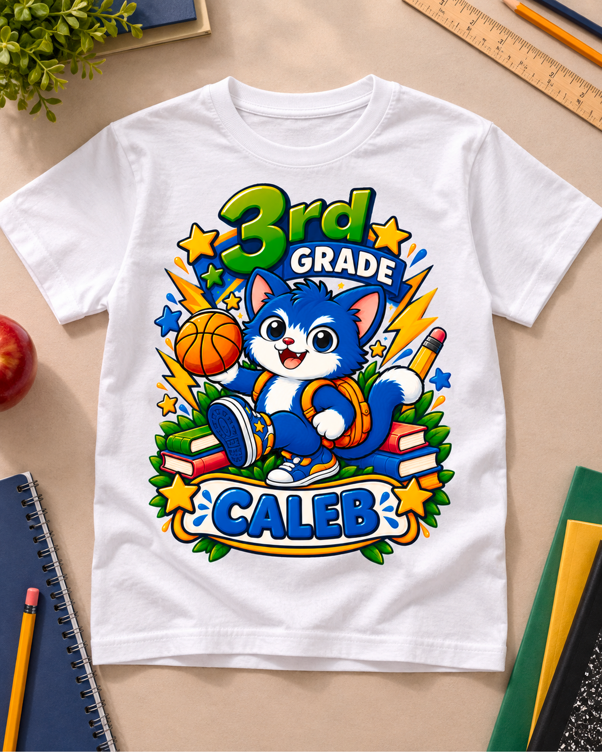 White personalized third grade basketball cat youth shirt flat lay with the sample name Caleb.