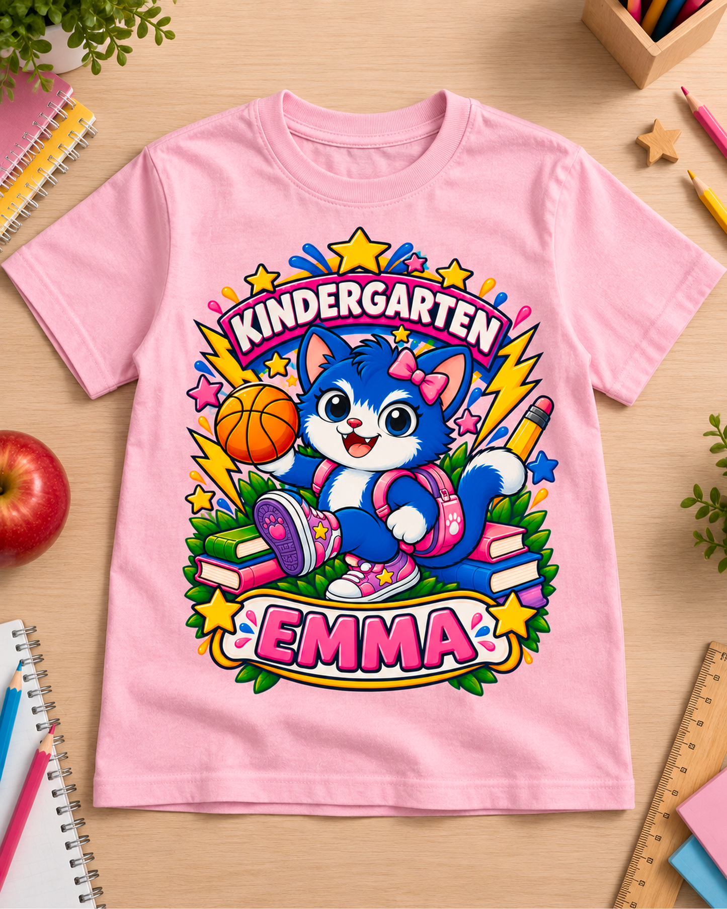 Light pink personalized kindergarten basketball cat youth shirt flat lay with the sample name Emma.