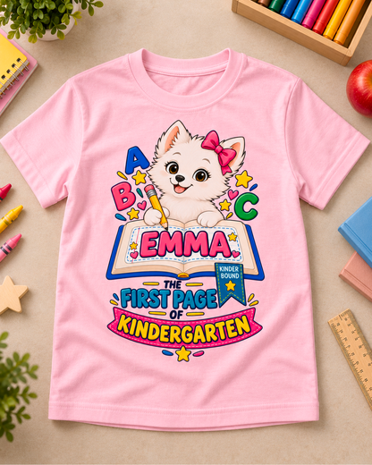Light pink personalized kindergarten ABC dog youth shirt flat lay with the sample name Emma.