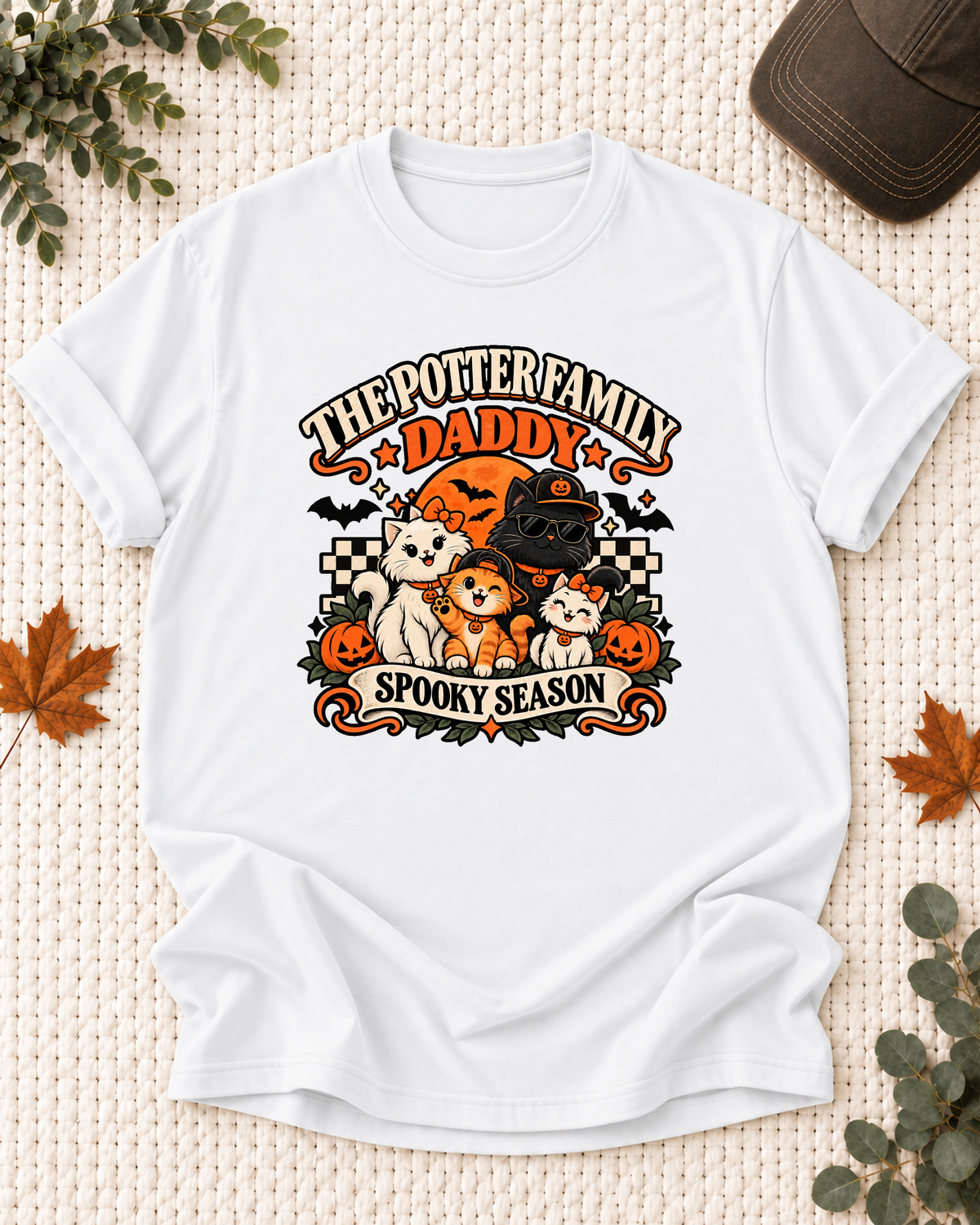 White Daddy T-shirt with costume-inspired cats, including a black cat in a pumpkin cap and sunglasses, with example family-name text.