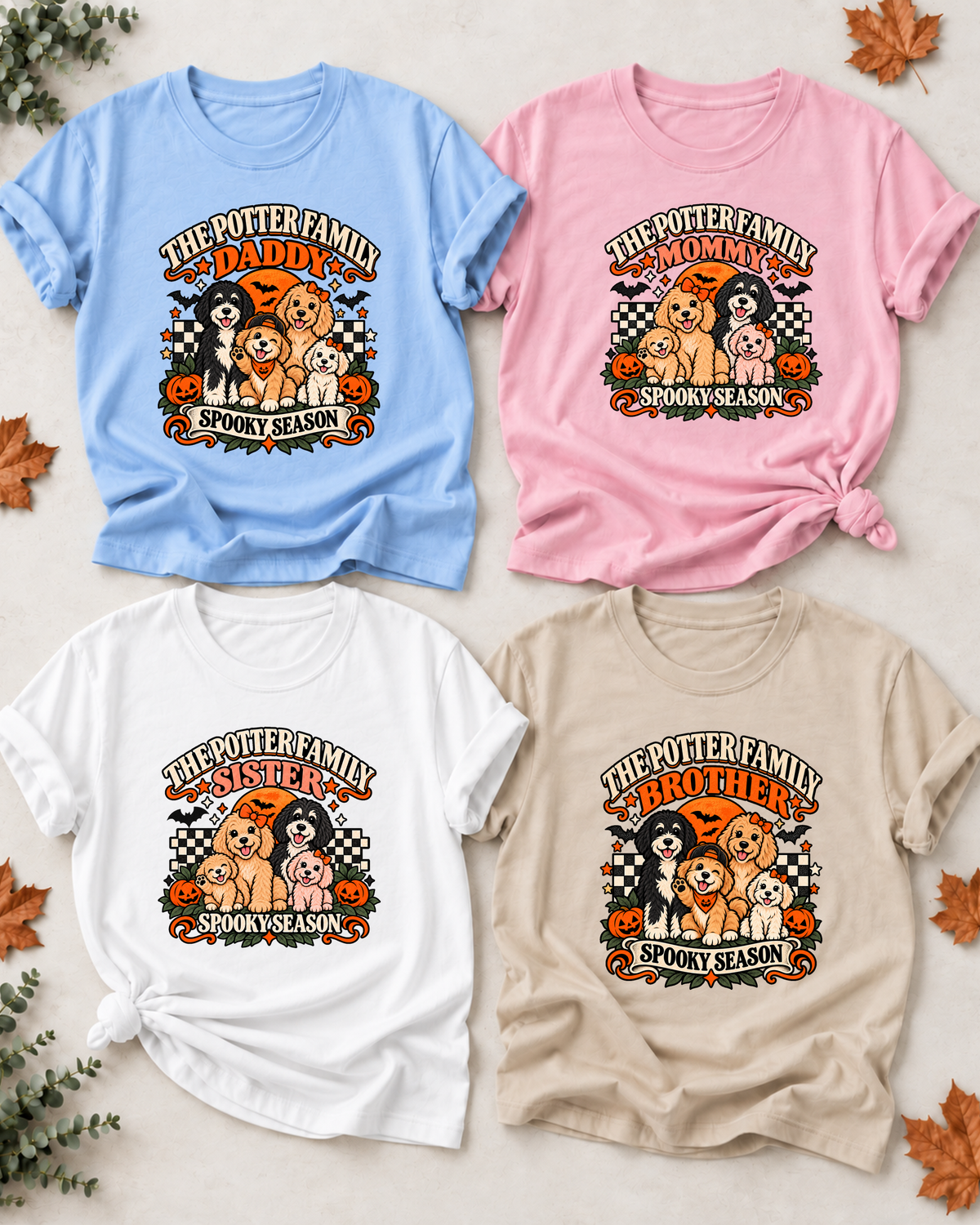 Four Halloween family T-shirts with dogs and jack-o'-lanterns: Daddy in light blue, Mommy in light pink, Sister in white, and Brother in sand, showing the example name "The Potter Family."