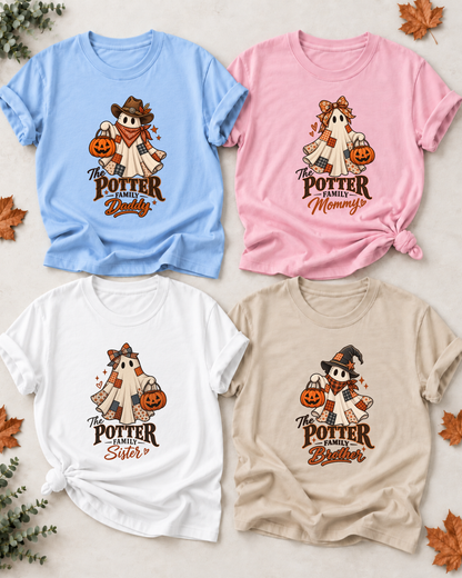 Four Halloween family T-shirts with patchwork ghosts: Daddy in light blue, Mommy in light pink, Sister in white, and Brother in sand, each showing example family-name text.