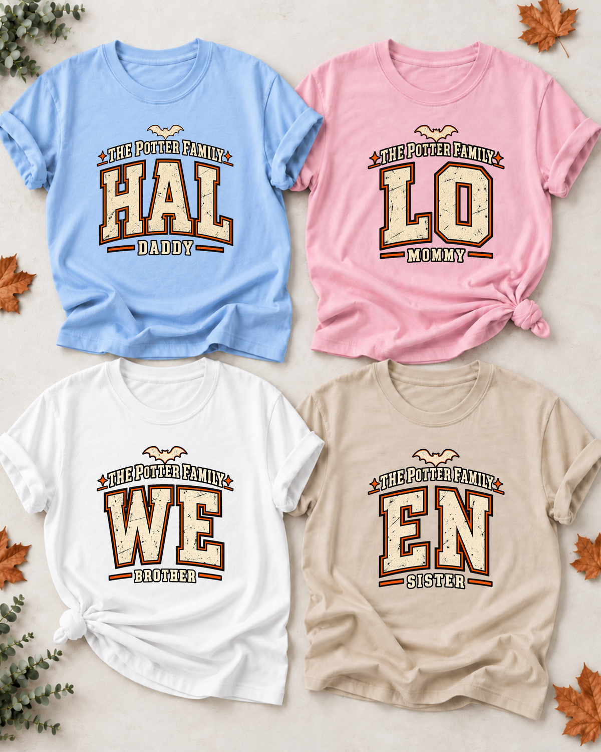Family overview of Dad, Mom, Brother, and Sister wearing personalized vintage letterman HALLOWEEN shirts: Dad in Light Blue, Mom in Light Pink, Brother in White, and Sister in Sand; the wordmark is split across the four roles.