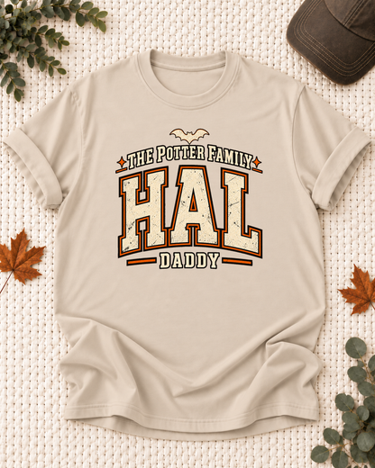 Daddy's Sand personalized Halloween shirt mockup with the HAL wordmark, the Daddy role label, and vintage letterman artwork.