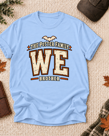 Brother's Light Blue personalized Halloween shirt mockup with the WE wordmark, the Brother role label, and vintage letterman artwork.