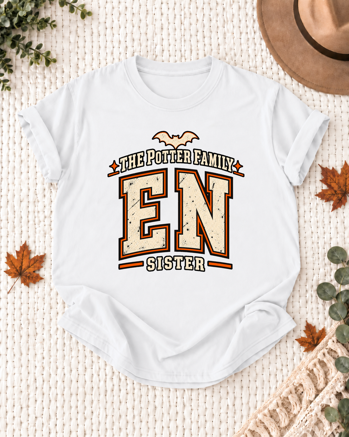 Sister's White personalized Halloween shirt mockup with the EN wordmark, the Sister role label, and vintage letterman artwork.
