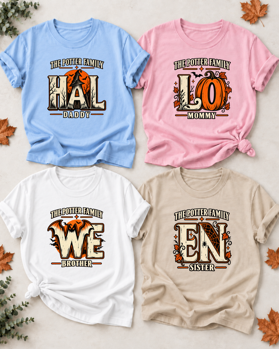Family overview of Dad, Mom, Brother, and Sister wearing personalized hidden-symbol HALLOWEEN shirts: Dad in Light Blue, Mom in Light Pink, Brother in White, and Sister in Sand; the wordmark is split across the four roles.