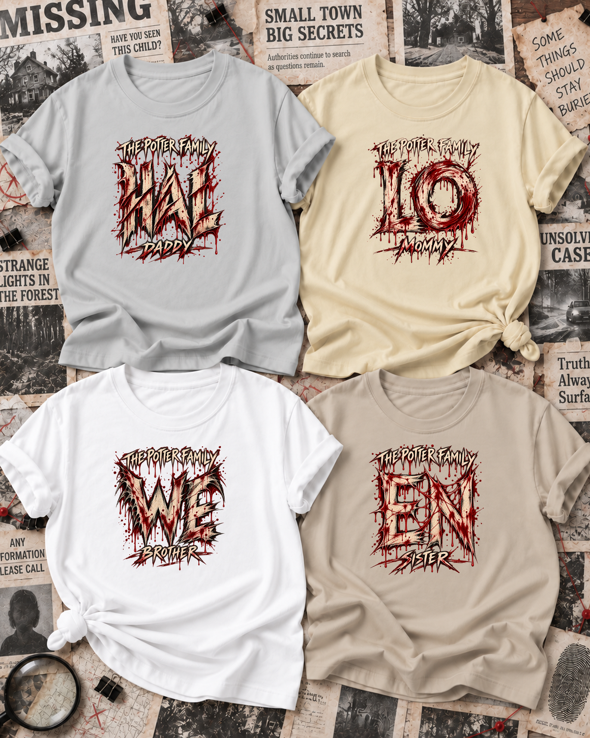 Family overview of Dad, Mom, Brother, and Sister wearing personalized slasher-style HALLOWEEN shirts: Dad in Ash Grey, Mom in Off White, Brother in White, and Sister in Sand; the wordmark is split across the four roles.