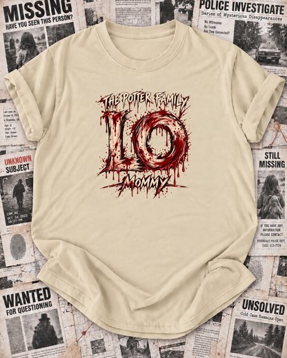 Mommy's Off White personalized Halloween shirt mockup with the LO wordmark, the Mommy role label, and distressed slash, drip, and splatter artwork.