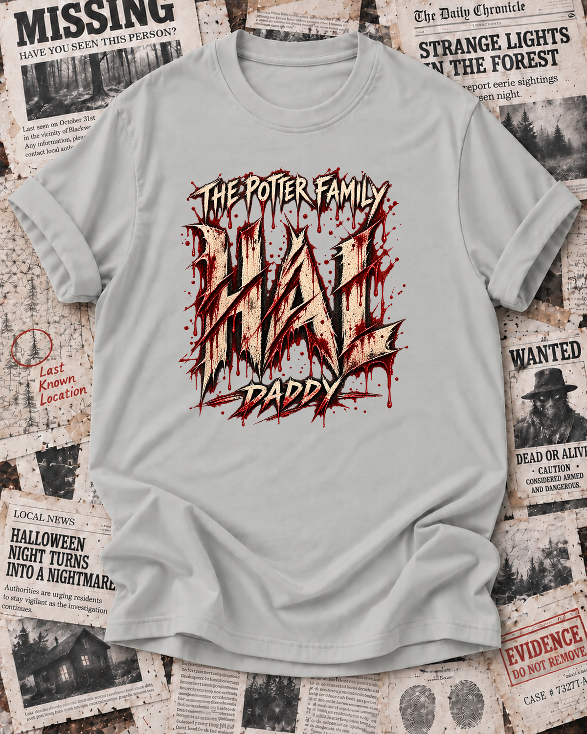 Daddy's Ash Grey personalized Halloween shirt mockup with the HAL wordmark, the Daddy role label, and distressed slash, drip, and splatter artwork.