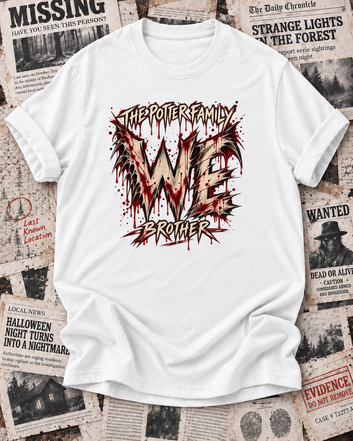Brother's White personalized Halloween shirt mockup with the WE wordmark, the Brother role label, and distressed slash, drip, and splatter artwork.