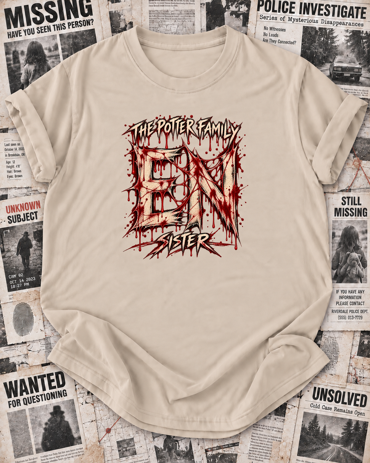 Sister's Sand personalized Halloween shirt mockup with the EN wordmark, the Sister role label, and distressed slash, drip, and splatter artwork.