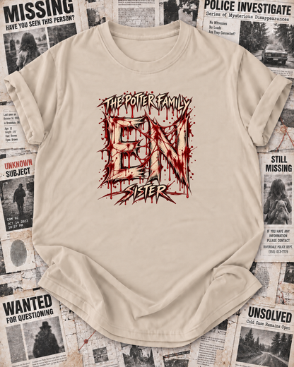 Sister's Sand personalized Halloween shirt mockup with the EN wordmark, the Sister role label, and distressed slash, drip, and splatter artwork.