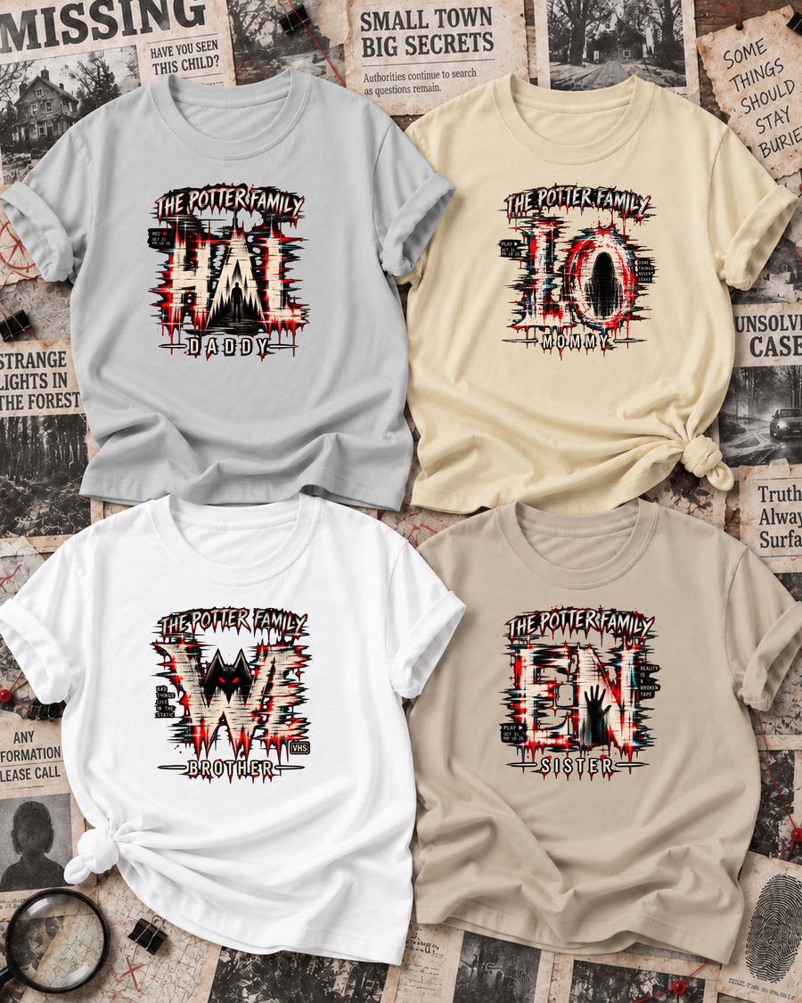 Family overview of Dad, Mom, Brother, and Sister wearing personalized analog glitch HALLOWEEN shirts: Dad in Ash Grey, Mom in Off White, Brother in White, Sister in Sand; the wordmark is split across the four roles.