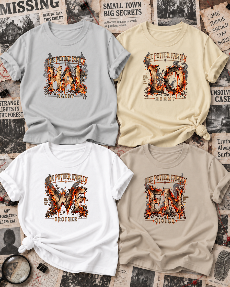 Family overview of Dad, Mom, Brother, and Sister wearing personalized scorched ember HALLOWEEN shirts: Dad in Ash Grey, Mom in Off White, Brother in White, Sister in Sand; the wordmark is split across the four roles.