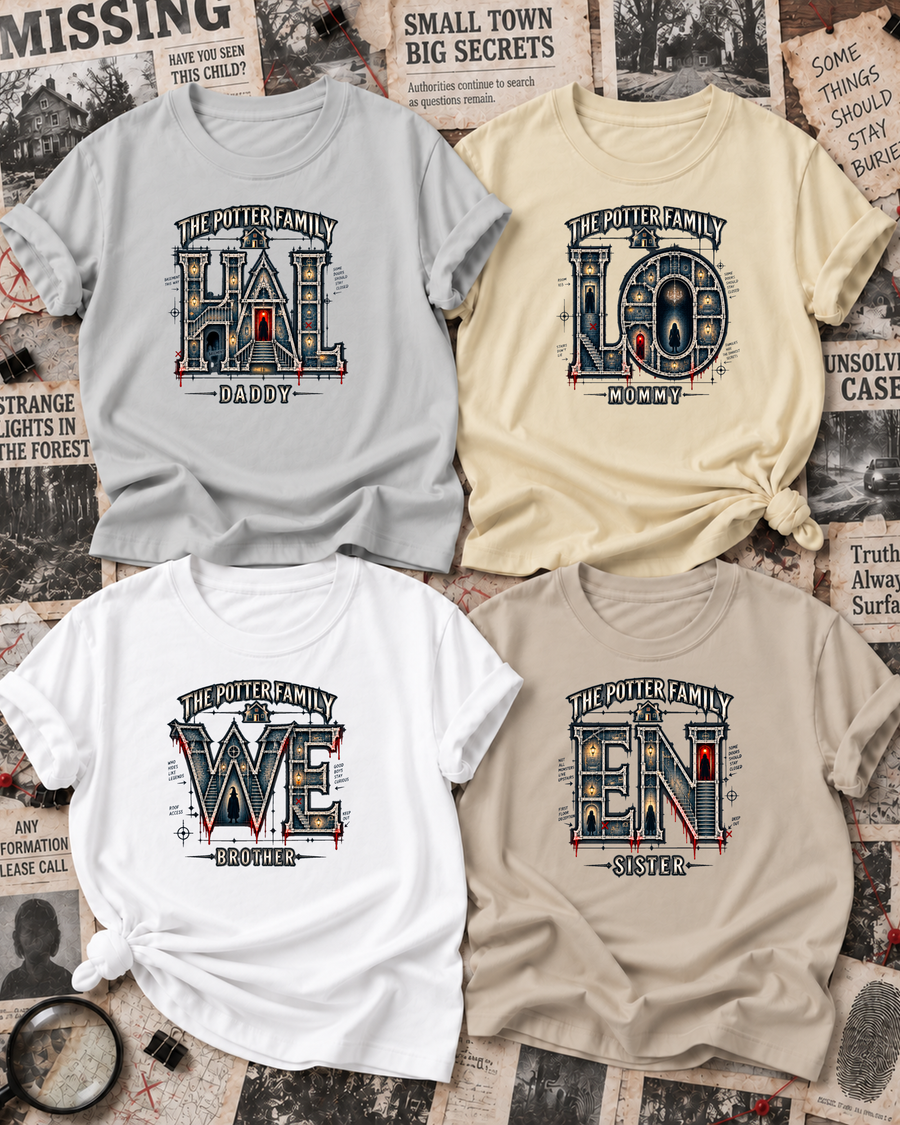 Family overview of Dad, Mom, Brother, and Sister wearing personalized haunted house blueprint HALLOWEEN shirts: Dad in Ash Grey, Mom in Off White, Brother in White, Sister in Sand; the wordmark is split across the four roles.