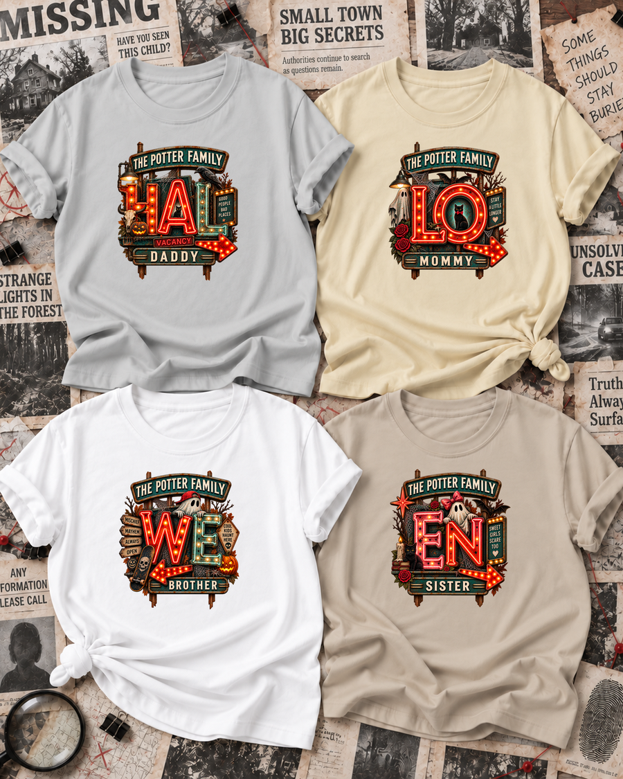 Family overview of Dad, Mom, Brother, and Sister wearing personalized haunted motel sign HALLOWEEN shirts: Dad in Ash Grey, Mom in Off White, Brother in White, Sister in Sand; the wordmark is split across the four roles.
