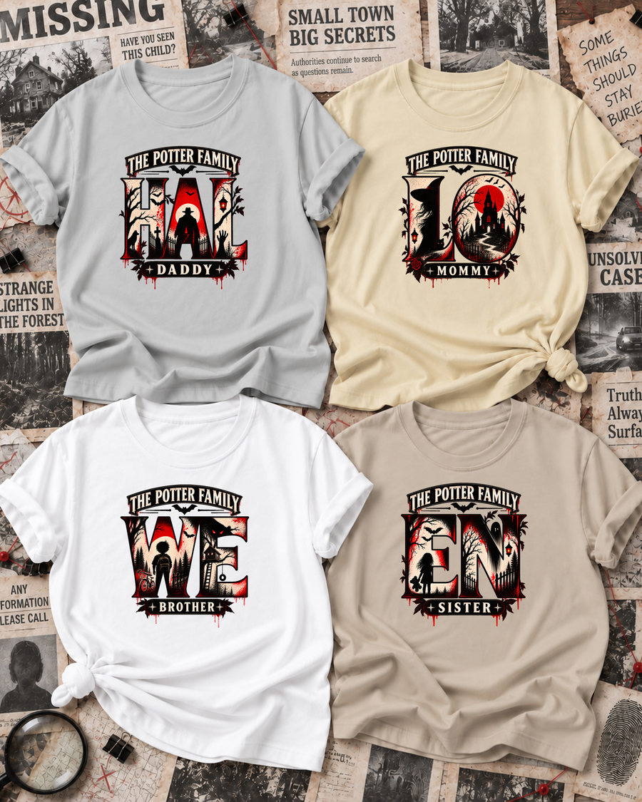 Family overview of Dad, Mom, Brother, and Sister wearing personalized shadow scene HALLOWEEN shirts: Dad in Ash Grey, Mom in Off White, Brother in White, Sister in Sand; the wordmark is split across the four roles.