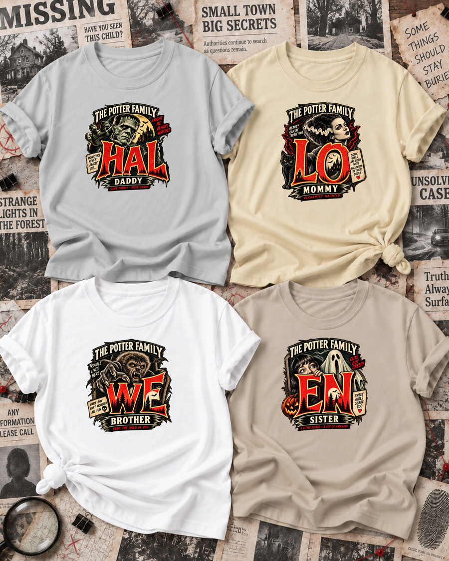 Family overview of Dad, Mom, Brother, and Sister wearing personalized monster movie poster HALLOWEEN shirts: Dad in Ash Grey, Mom in Off White, Brother in White, Sister in Sand; the wordmark is split across the four roles.