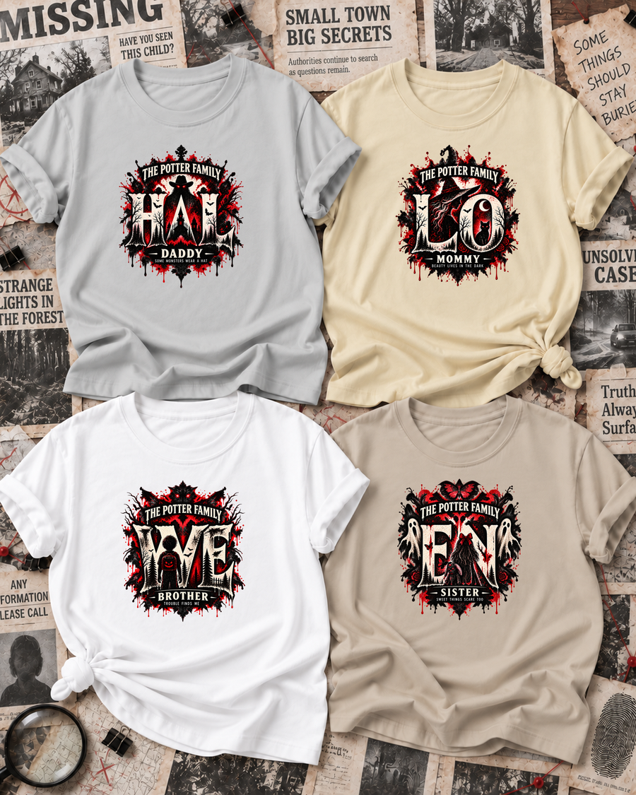 Family overview of Dad, Mom, Brother, and Sister wearing personalized inkblot horror HALLOWEEN shirts: Dad in Ash Grey, Mom in Off White, Brother in White, Sister in Sand; the wordmark is split across the four roles.