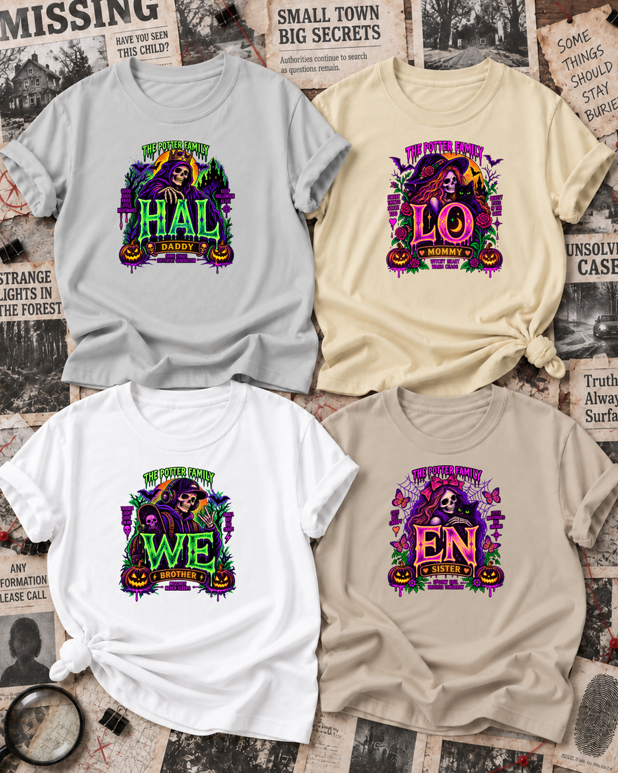 Family overview of Dad, Mom, Brother, and Sister wearing personalized blacklight horror HALLOWEEN shirts: Dad in Ash Grey, Mom in Off White, Brother in White, Sister in Sand; the wordmark is split across the four roles.