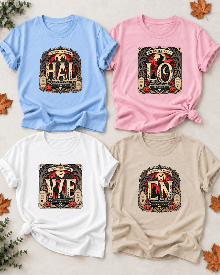Family overview of Dad, Mom, Brother, and Sister wearing personalized paper-cut haunted manor HALLOWEEN shirts: Dad in Light Blue, Mom in Light Pink, Brother in White, Sister in Sand; the wordmark is split across the four roles.